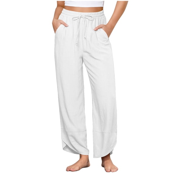 Simua Cotton Linen Pants for Women Casual Solid Elastic Waist Drawstring Solid Color Lightweight Split Pants