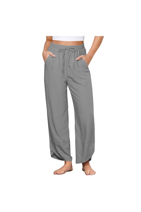 Cotton Linen Pants for Women Casual Solid Elastic Waist Drawstring Solid Color Lightweight Split Pants
