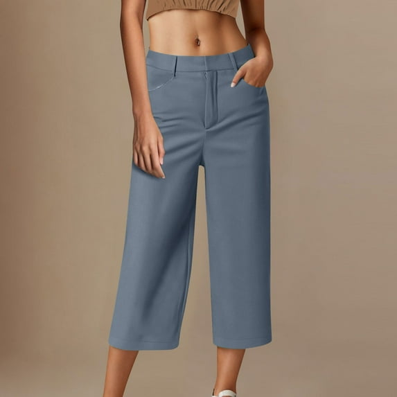 Simua Cropped Pants for Women Trendy Business Casual High Waisted Pull On Straight Leg Dress Pants with Pockets
