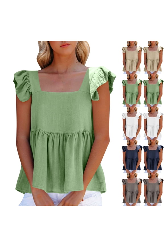 Cropped Tops for Women Loose Casual Solid Color Square Neck Ruffled Sleeve Hem Shirts
