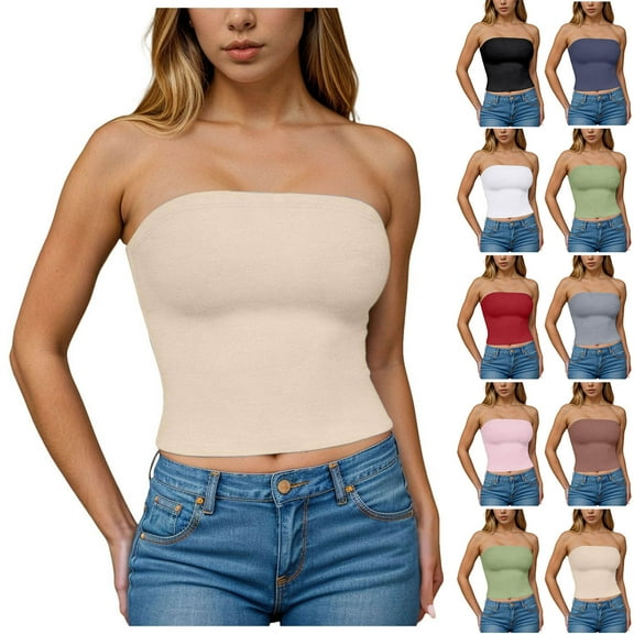 Simua Cropped Tube Tops for Women Strapless Bandeau Tanks Casual Solid Color Backless Sleeveless Blouse