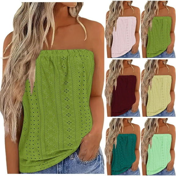 Simua Eyelet Tube Tops for Women Strapless Bandeau Tanks Casual Solid Color Backless Sleeveless Blouse