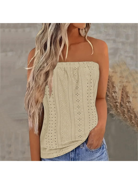 Eyelet Tube Tops for Women Strapless Bandeau Tanks Casual Solid Color Backless Sleeveless Blouse