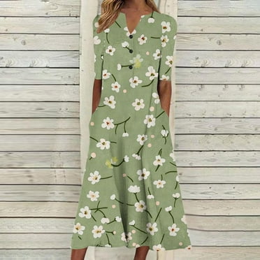 Simua Fashion Dresses for Women Summer Floral Printed Pocket Casual Button V-Neck Half Sleeve A-line Flowy Mid-Calf Dress