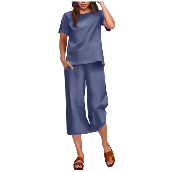 Simua Fashion Outfit Set for Women Two Piece Solid Color T-shirts and Cropped Pants Lounge Set