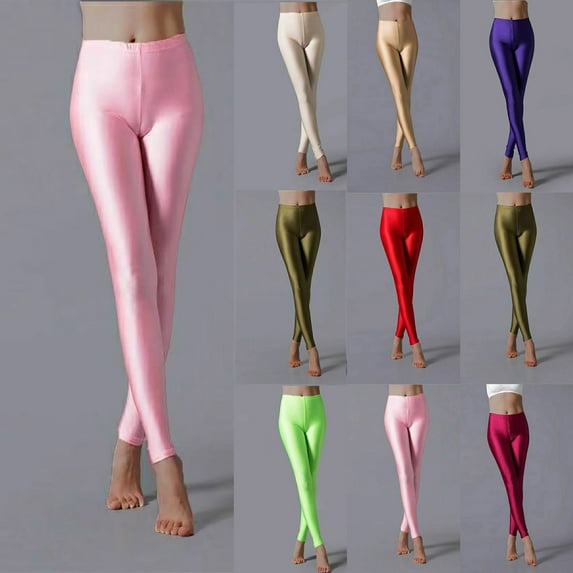 Simua Fashion Stretch Skinny Solid Color Glossy Cloth Leggings Elastic Waist Pants for Casual Workout