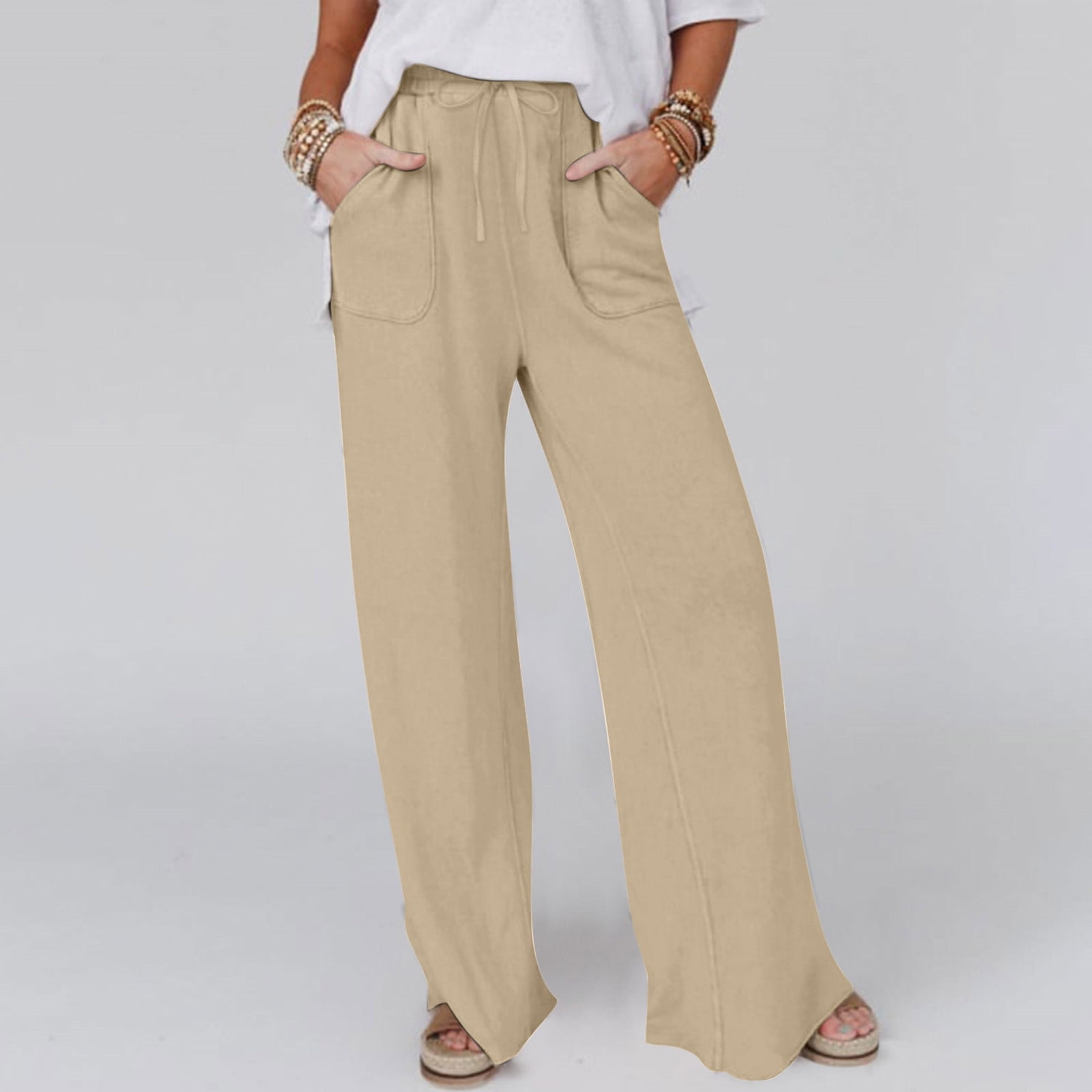 THUNDER STAR Women’s Stretch Wide Leg Patchwork Jeans – Mid Rise, Elastic Denim Pants In Khaki - View #10