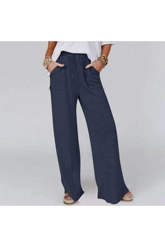 Simua Fashion Wide Leg Jeans for Women Elastic High Waisted Pull On Drawstring Baggy Denim Pants Navy,M