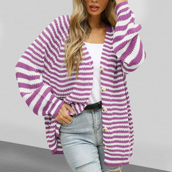 Simua Fashion Women Striped Cardigan Sweater Fall Outfits Cloth V Neck Knit Button Front Casual Trendy Tops