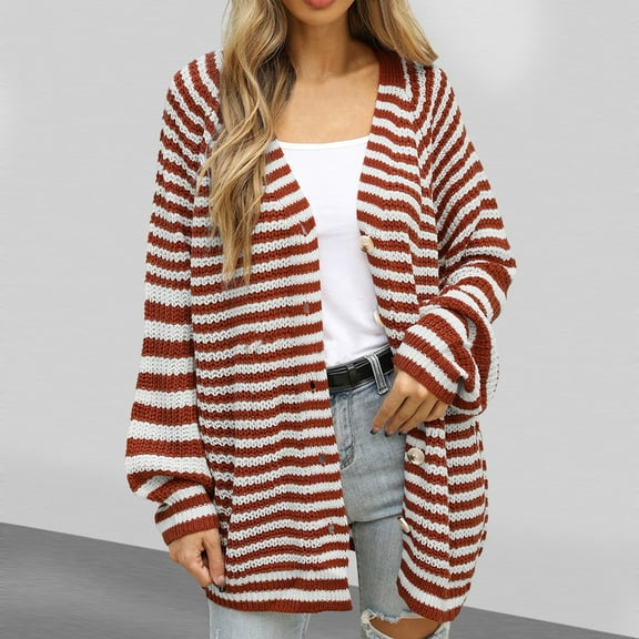 Simua Fashion Women Striped Cardigan Sweater Fall Outfits Cloth V Neck Knit Button Front Casual Trendy Tops