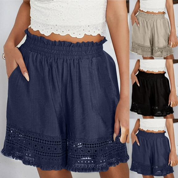 Simua Fashion Women's Summer Shorts Lace Buttom Elastic Pleated Waist Casual Wide Leg Shorts with Pocket