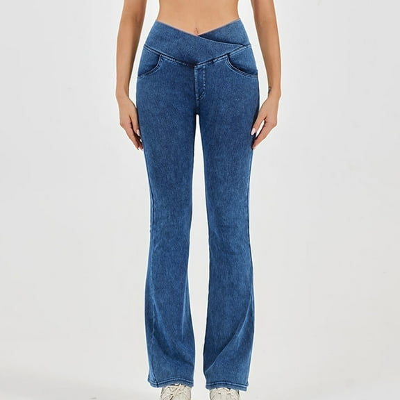 Simua Flare Jeans for Women Strechy Bell Bottom Pull On Jeans High Cross Waisted Tummy Control Bootcut Pants with Pockets Sky Blue XL