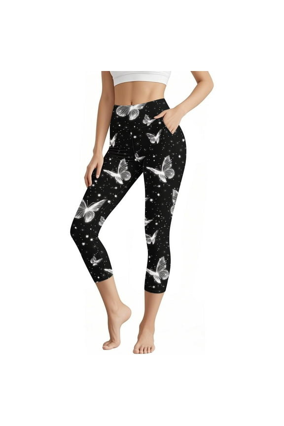 High Waisted Capri Leggings for Women - Butterfly Print Soft Slim Yoga Pants for Running Cycling Workout