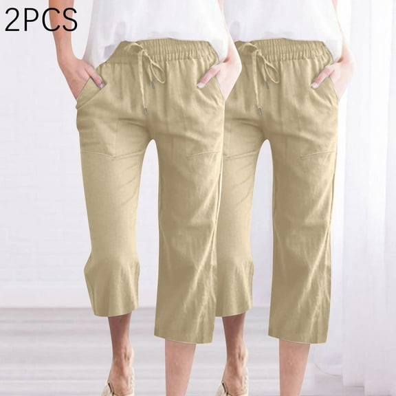 Wensltd L Capri Pants for Women Summer Loose Wide Leg Pants with Pockets 2PC