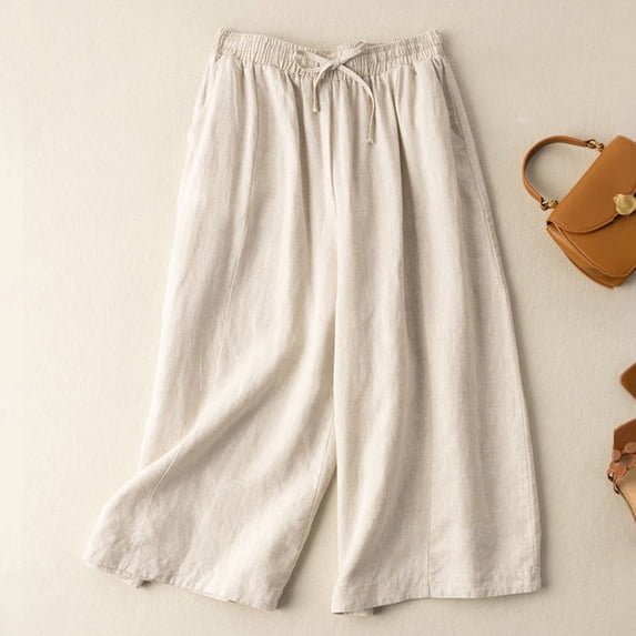 Wensltd Linen Capri Pants for Women Summer Loose Wide Leg Pants with Pockets