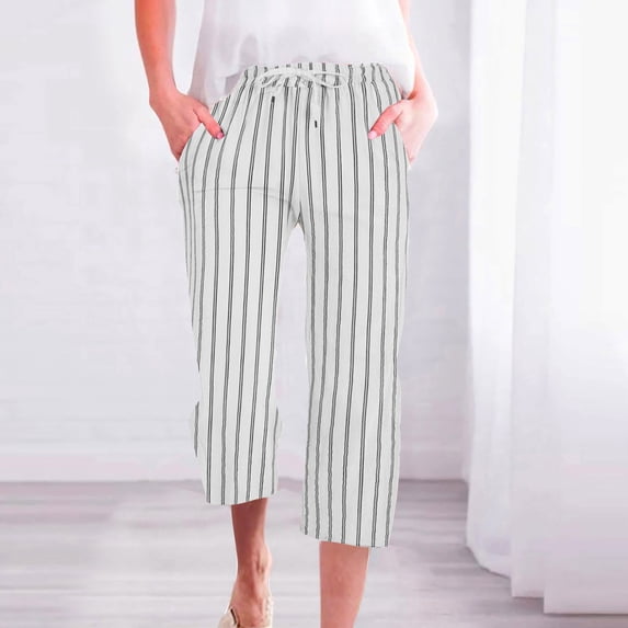 Wensltd Linen Capris for Women Elastic Waist Summer Loose Wide Leg Trousers