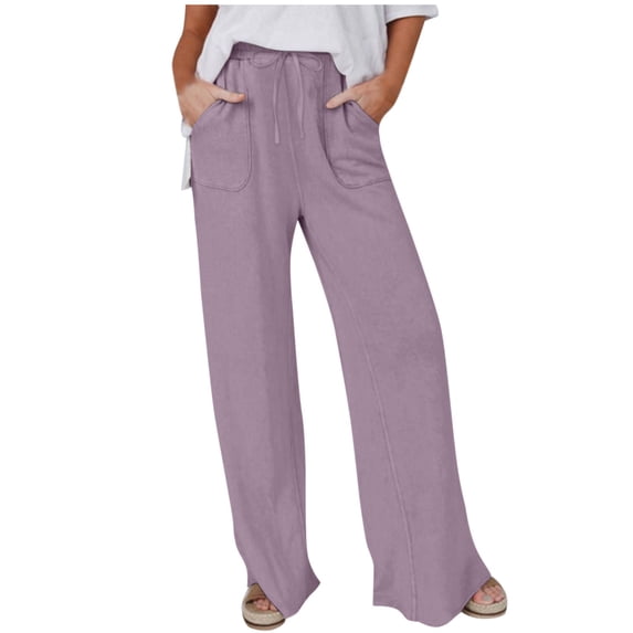 Simua Linen Wide Leg Pants for Women Fashion Casual Solid Color Elastic Waist Loose Drawstring Baggy Trousers with Pocket
