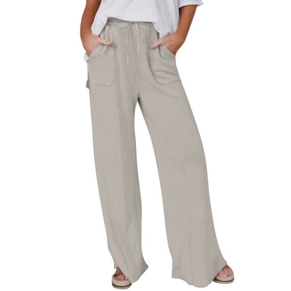 Simua Linen Wide Leg Pants for Women Fashion Casual Solid Color Elastic Waist Loose Drawstring Baggy Trousers with Pocket