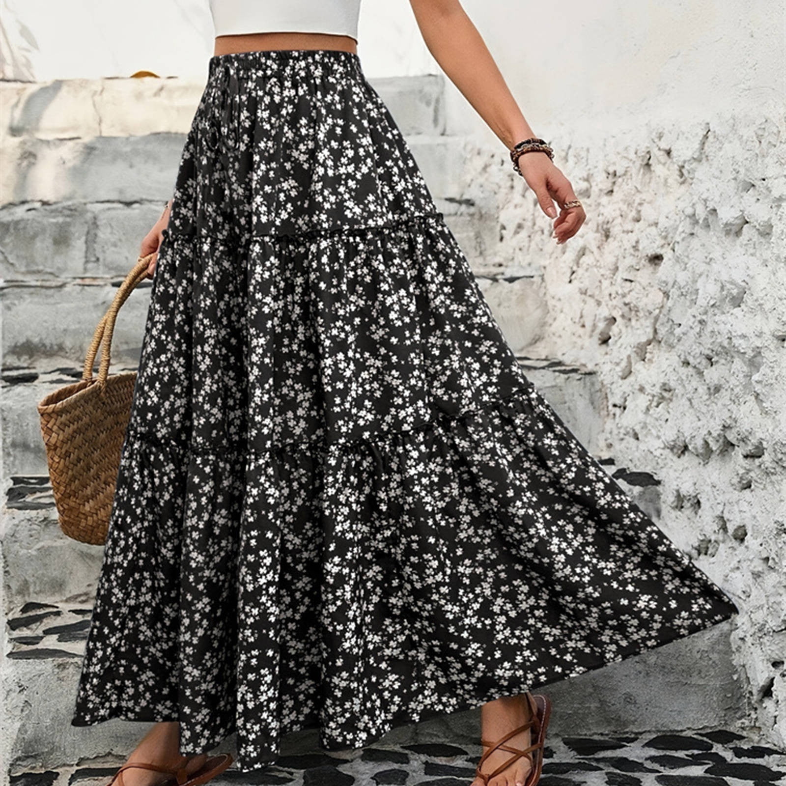 Simua Long Skirts for Women 3 Tiered Printed Elastic High Waist ...