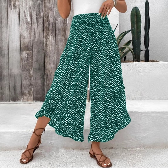 Simua Loose Polka Capri Pants for Women High Waist Ruffled Wide Leg for Summer Cropped Pants Green S