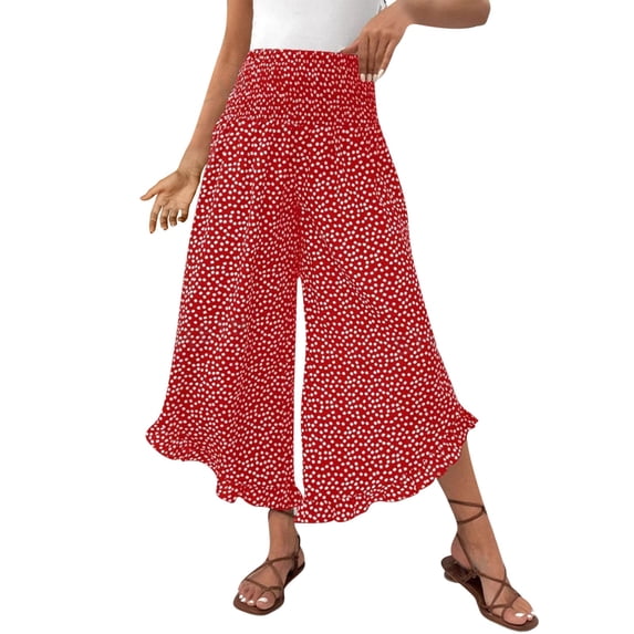 Simua Loose Polka Capri Pants for Women High Waist Ruffled Wide Leg for Summer Cropped Pants Red XL
