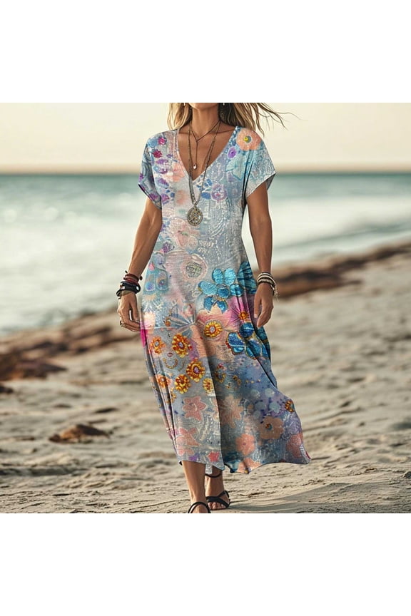 Maxi Dress for Women Printed Boho Dress Summer V-neck Short Sleeve Flowy A-Line Beach Sundress