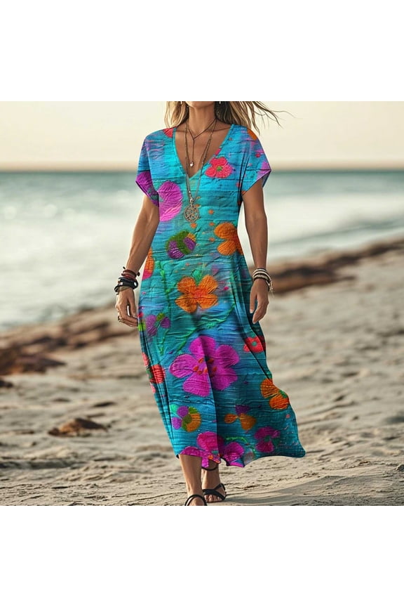 Maxi Dress for Women Printed Boho Dress Summer V-neck Short Sleeve Flowy A-Line Beach Sundress