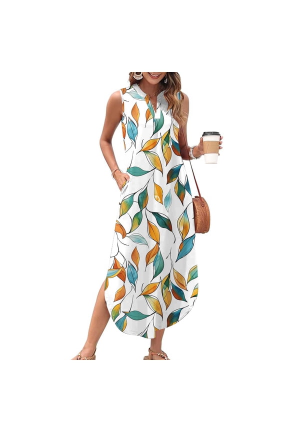 Maxi Dresses for Women Summer Printed Casual Loose Beach Sundresses V Neck Sleeveless Split Dresses with Pockets