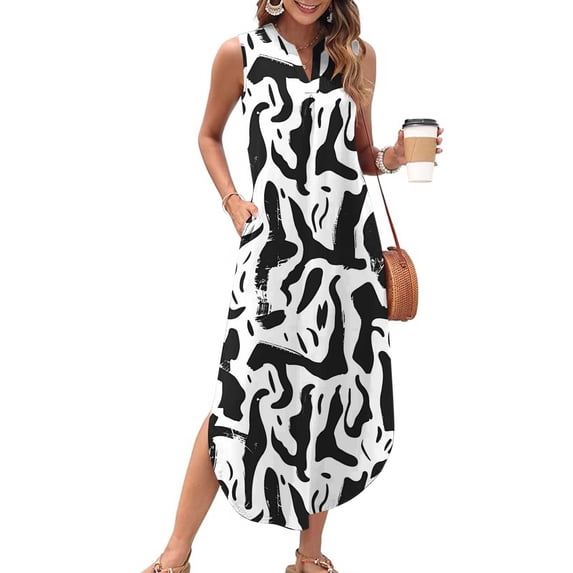 Simua Maxi Dresses for Women Summer Printed Casual Loose Beach Sundresses V Neck Sleeveless Split Dresses with Pockets
