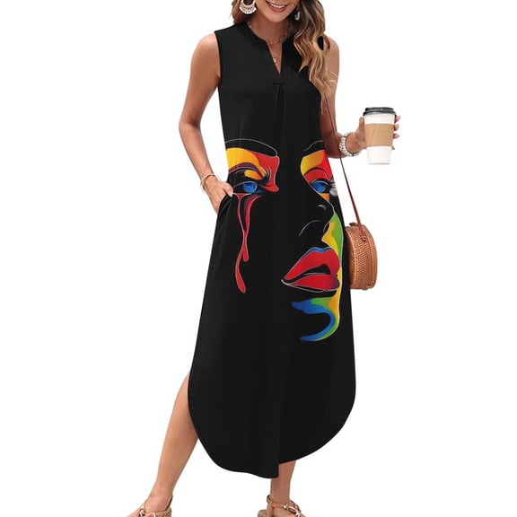 Simua Maxi Dresses for Women Summer Printed Casual Loose Beach Sundresses V Neck Sleeveless Split Dresses with Pockets