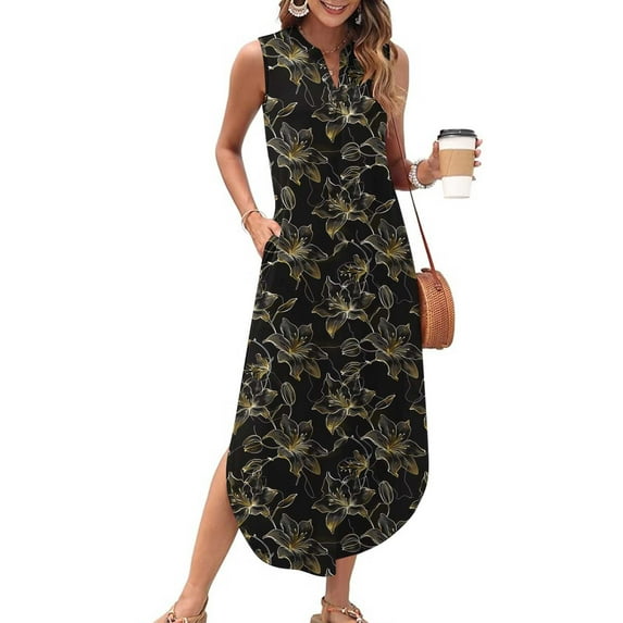 Simua Maxi Dresses for Women Summer Printed Casual Loose Beach Sundresses V Neck Sleeveless Split Dresses with Pockets