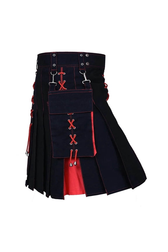 Simua Men's Contrast Utility Kilt | Pleated Skirt with Cargo Pockets Lace-Up Details for Festival Medieval Casual Daily Wear