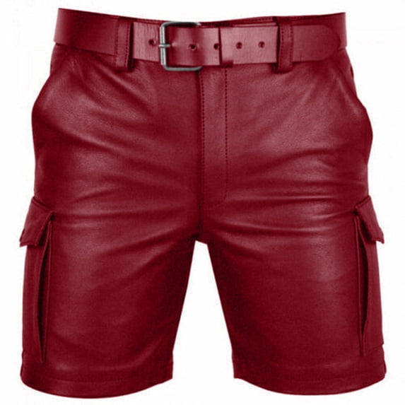 Simua Men's Faux Leather Cargo Shorts | Multi-Pocket Button Front Casual 5-Inch Shorts (Belt Not Included)