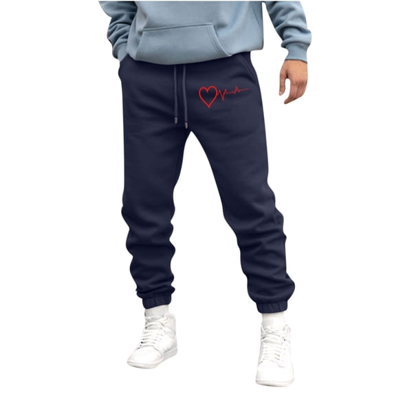 Simua Men's Casual Heartbeat Print Jogger Pants Elastic Drawstring Waist Fleece Lined Sweatpants with Pockets for Daily Gym Loungewear All Season Wear