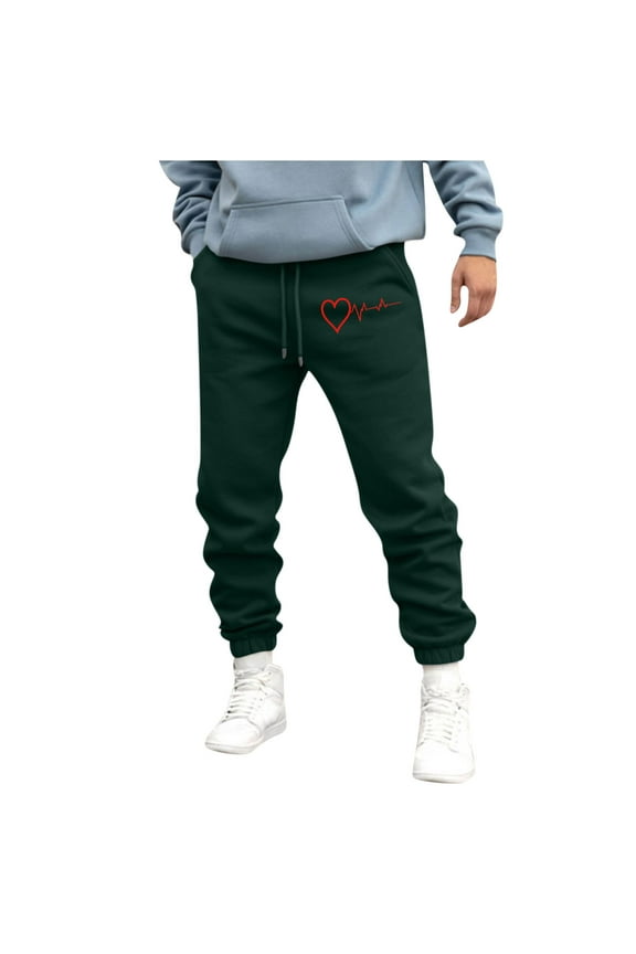Simua Men's Casual Heartbeat Print Jogger Pants Elastic Drawstring Waist Fleece Lined Sweatpants with Pockets for Daily Gym Loungewear All Season Wear