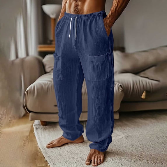 Simua Men's Casual Linen Blend Cargo Pants Multi Pocket Elastic Drawstring Waist Straight Leg for Daily Beach Vacation All Season Wear