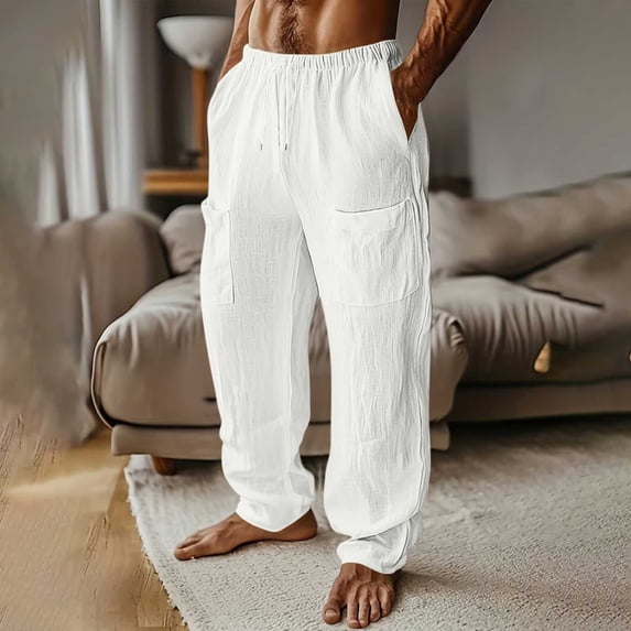Simua Men's Casual Linen Blend Cargo Pants Multi Pocket Elastic Drawstring Waist Straight Leg for Daily Beach Vacation All Season Wear