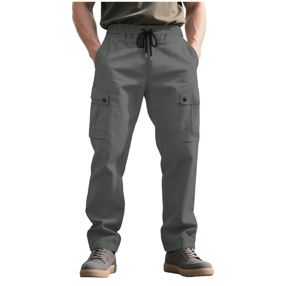 Simua Men's Casual Sports Cargo Pants Loose Straight Leg Multi-Pocket Work Pants with Drawstring Elastic Waist for Outdoor Daily Wear (S-XXXL)
