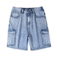 thumbnail image 1 of Simua Men's Casual Washed Denim Cargo Shorts | Elastic Waist Button Zipper Multi-Pocket Straight Leg Linen Polyester Blend Summer Outdoor Shorts, 1 of 7