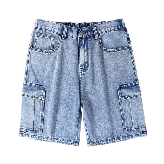 Simua Men's Casual Washed Denim Cargo Shorts | Elastic Waist Button Zipper Multi-Pocket Straight Leg Linen Polyester Blend Summer Outdoor Shorts