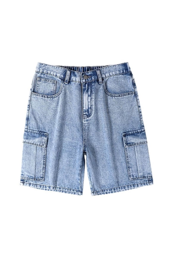 Simua Men's Casual Washed Denim Cargo Shorts | Elastic Waist Button Zipper Multi-Pocket Straight Leg Linen Polyester Blend Summer Outdoor Shorts