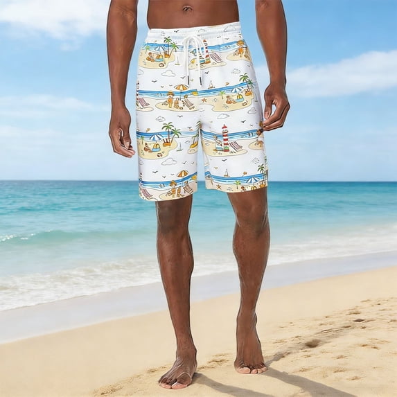Simua Men's Coral Reef Print Vacation Shorts | Quick Dry Elastic Drawstring Waist Side Pockets Polyester 5-Inch Swim Trunks for Summer Beach Daily Wear