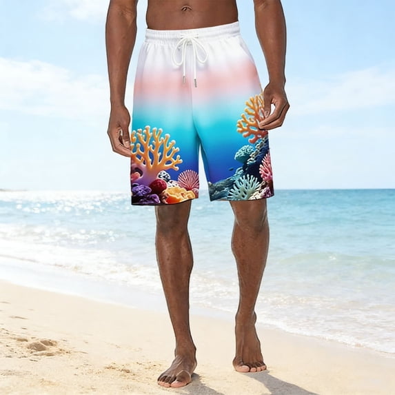 Simua Men's Coral Reef Print Vacation Shorts | Quick Dry Elastic Drawstring Waist Side Pockets Polyester 5-Inch Swim Trunks for Summer Beach Daily Wear