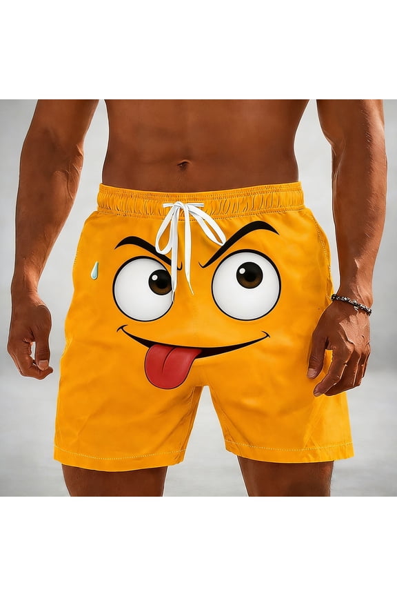 Simua Men's Funny Emoji Print Swim Trunks | Quick Dry Elastic Drawstring Beach Shorts for Summer Pool Casual Wear