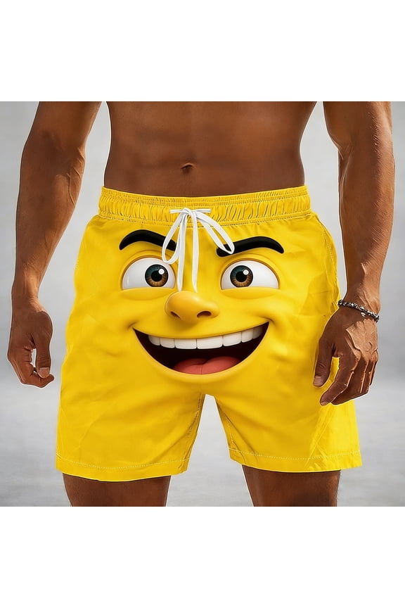 Simua Men's Funny Emoji Print Swim Trunks | Quick Dry Elastic Drawstring Beach Shorts for Summer Pool Casual Wear