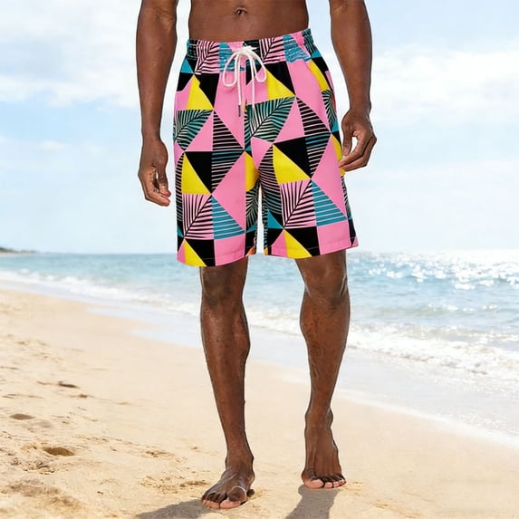 Simua Men's Geometric Print Vacation Shorts | Quick Dry Elastic Drawstring Waist Side Pockets Polyester 5-Inch Shorts for Summer Beach Daily Wear