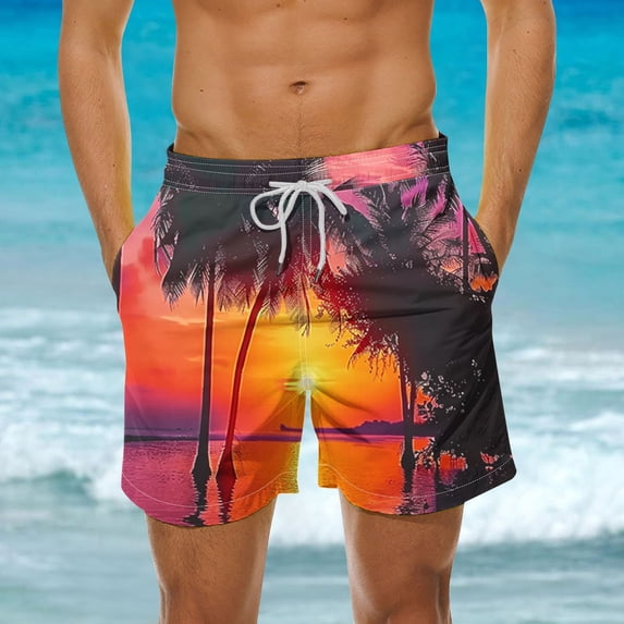 Simua Men's Hawaiian Palm Print Swim Trunks | Quick-Dry UPF 50+ Board Shorts with Mesh Lining & Pockets