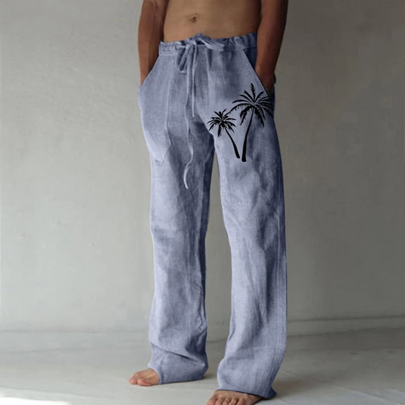 Simua Men's Linen Blend Hawaiian Beach Pants | Elastic Drawstring Waist Straight Leg Trousers with Coconut Tree Print for Summer Casual Wear
