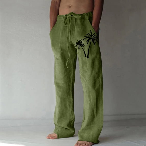 Simua Men's Linen Blend Hawaiian Beach Pants | Elastic Drawstring Waist Straight Leg Trousers with Coconut Tree Print for Summer Casual Wear