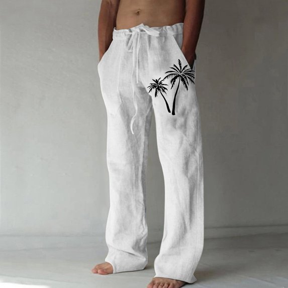 Simua Men's Linen Blend Hawaiian Beach Pants | Elastic Drawstring Waist Straight Leg Trousers with Coconut Tree Print for Summer Casual Wear